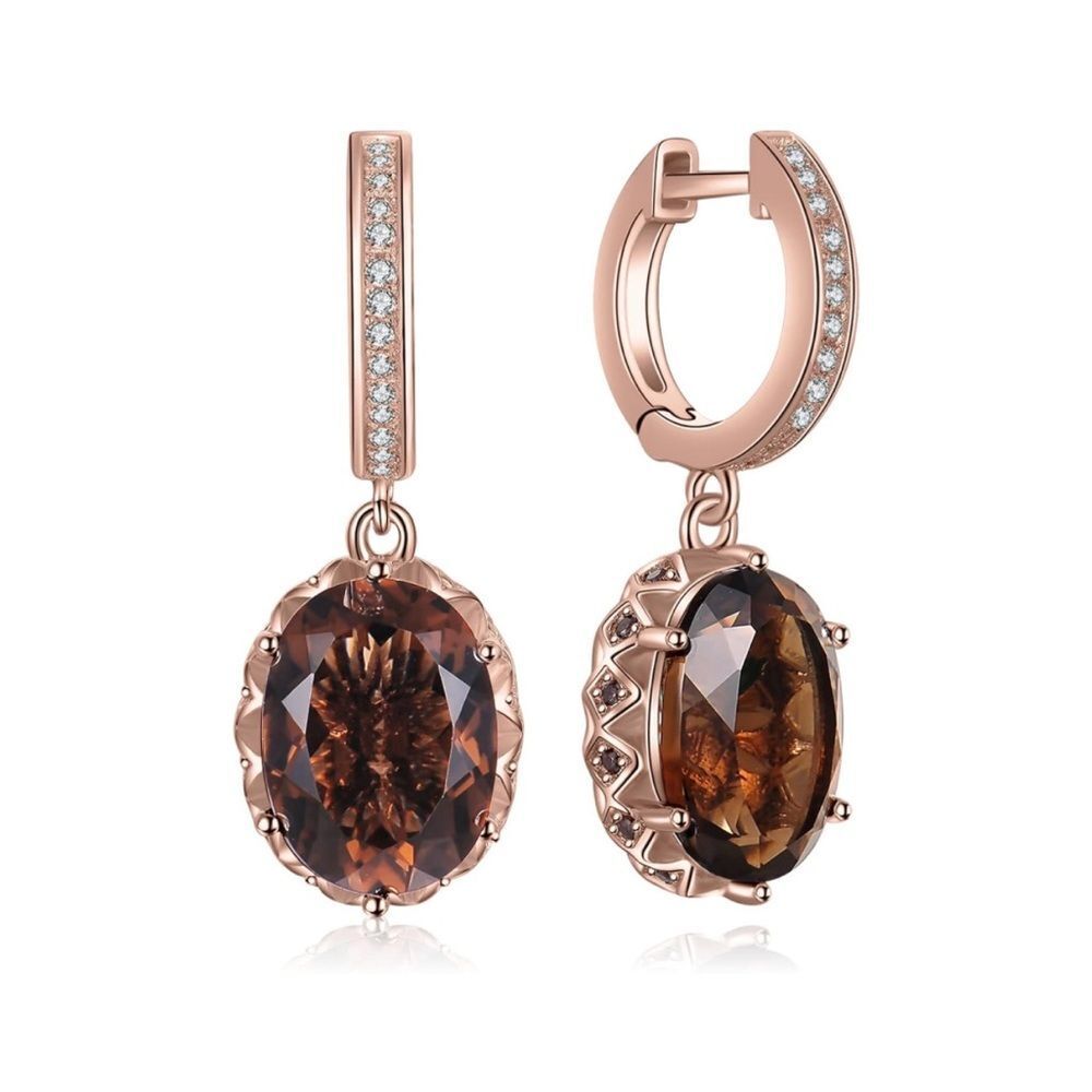 7.2ct 14k Oval Shape Natural Smoky Quartz Diamond Earrings